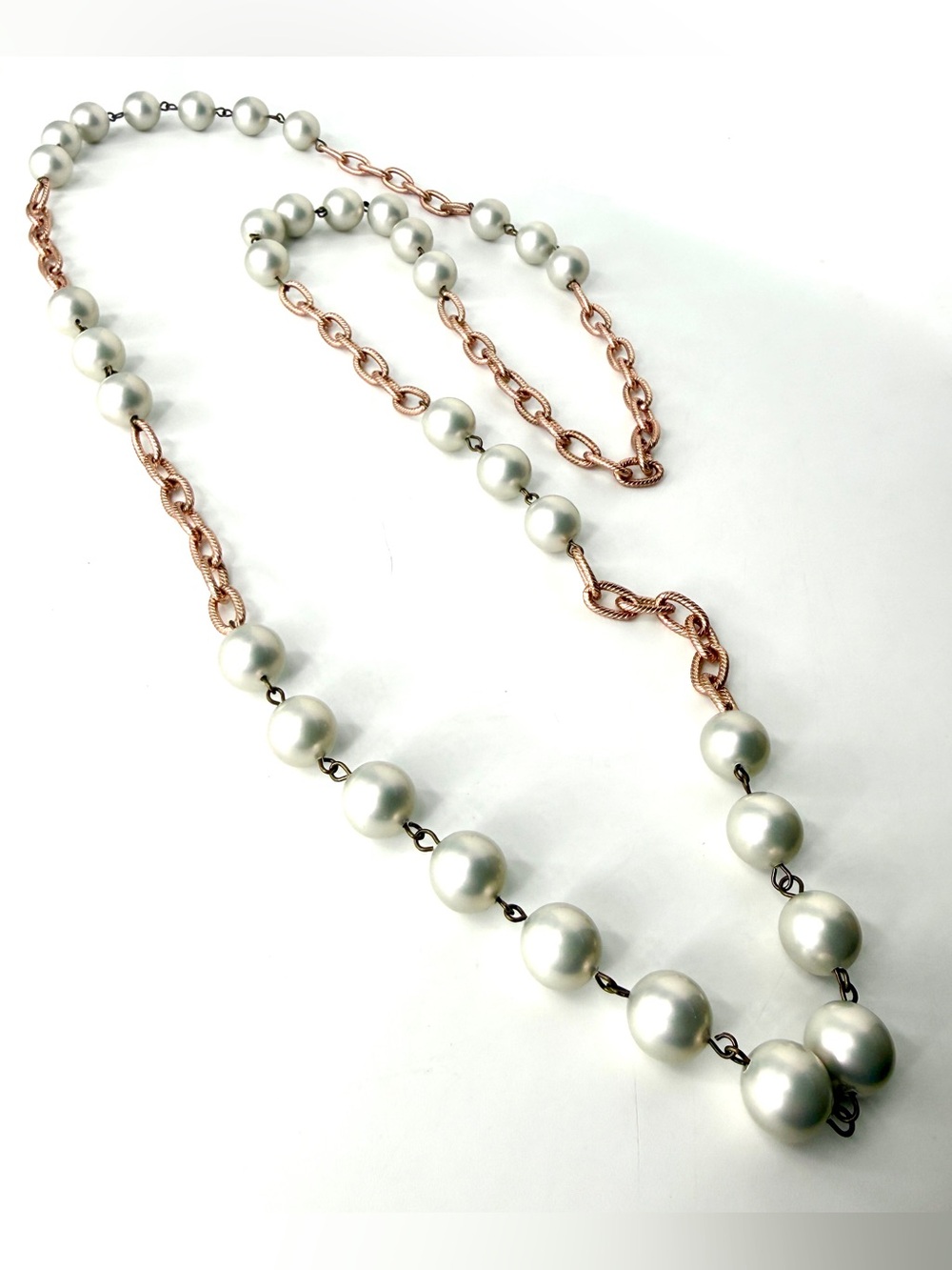Long Light Gray Faux Pearl Copper Chain Necklace
